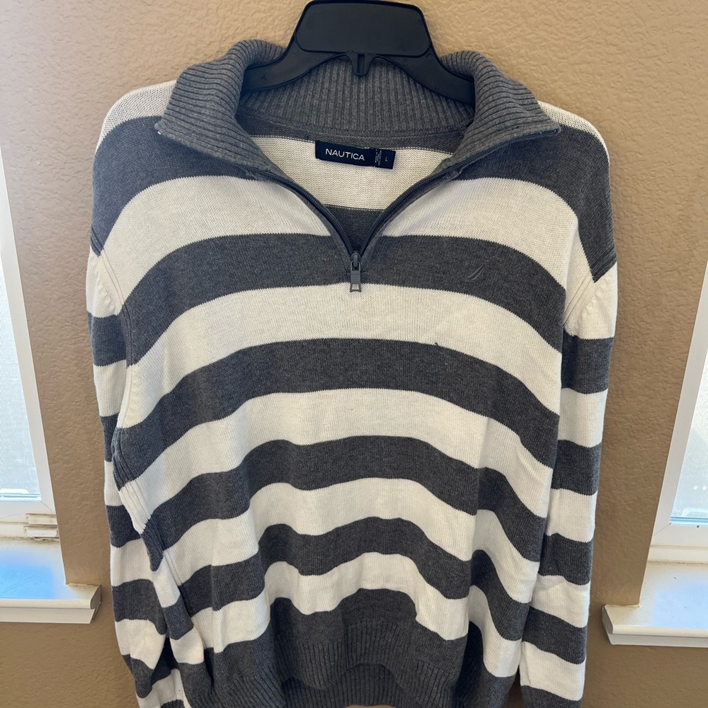 Nautica Men's Zip-Up Sweater in Gray and White Stripes